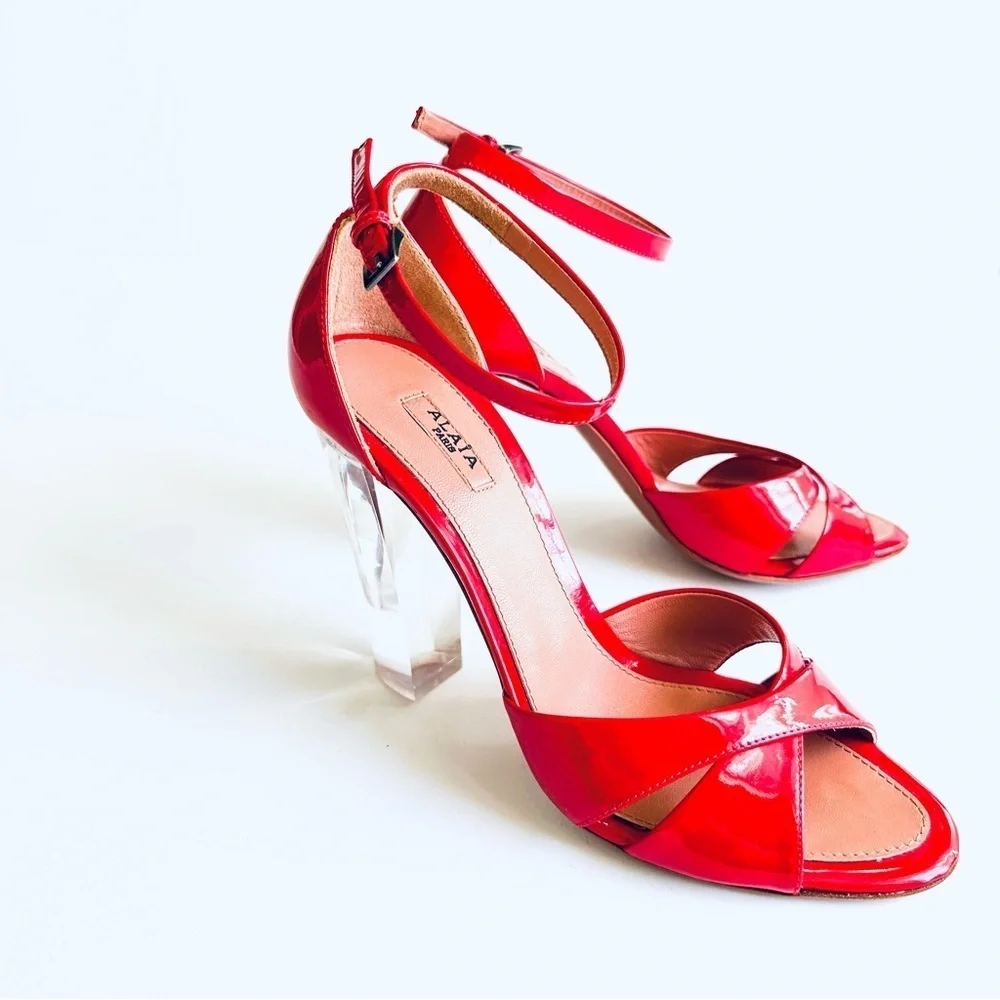 Alaia Red Patent Leather Luxury HTF Sandal w/ Clear-Block Heel Ankle-Strap 37.5 - Picture 15 of 16